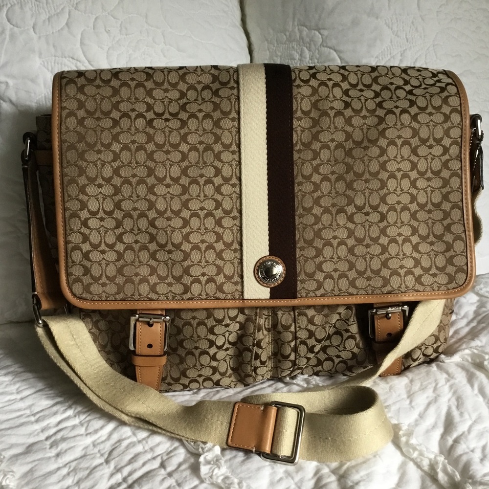 Coach Large Signature Voyager Khaki Brown Leather/Canvas Crossbody Bag